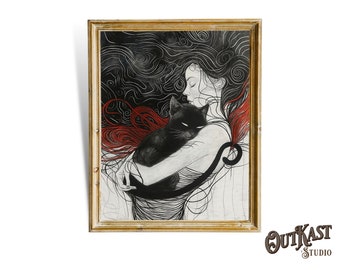 Woman with Black Cat Art Print, Moody Home Decor Poster