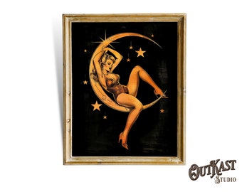 Estampado vintage de chica pin-up, luna y estilo Art Nouveau, mujer y estrellas.