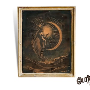 Vintage Göttin, die beim Mond steht, Jugendstil Poster, Halbmond, Vintage Poster, Mondhexe Kunst, Frau und Mond, Mond und Sterne