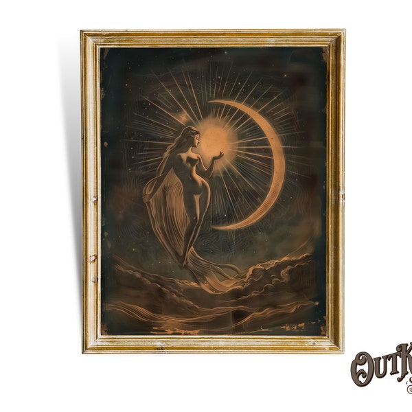 Vintage Göttin, die beim Mond steht, Jugendstil Poster, Halbmond, Vintage Poster, Mondhexe Kunst, Frau und Mond, Mond und Sterne