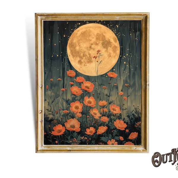 Moon And Flowers Vintage Block Print Style Wall Art, Mystical Celestial Whimsigoth Art, Ethereal Moonlight Cottagecore Flowers Floral Poster