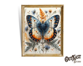 Impressão artística de mariposa botânica e papoula, decoração de parede estilo cottagecore.