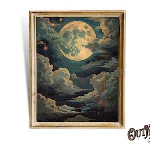 Enchanting Celestial Moon Art Print, Vintage-Inspired, Dark Academia & Dark Cottagecore, Night Sky Painting, Moon Art Print
