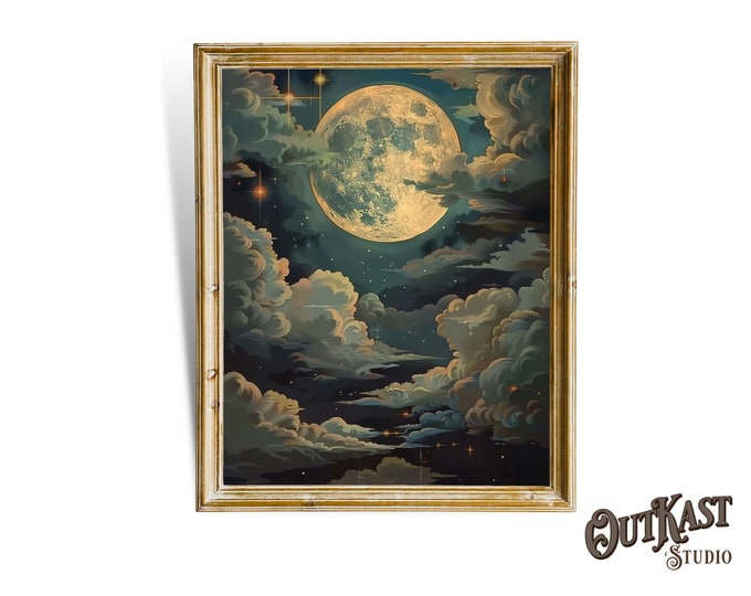 Vintage Enchanting Celestial Moon Art Oil Painting Print | Dark ...