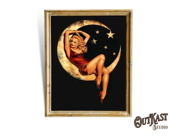 Póster vintage de chica pin-up con la luna, estilo Art Nouveau.