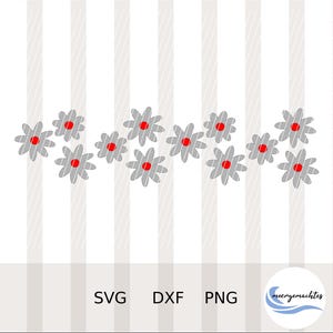 May include: A digital graphic featuring a row of stylized gray flowers with red centers. The flowers are arranged against a backdrop of vertical white and light gray striped pattern. The image includes the text "SVG", "DXF", and "PNG".