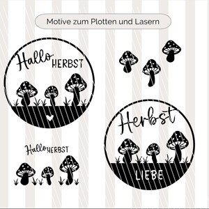 Könnte beinhalten: Zwei schwarz-weiße Designs mit Pilzen und dem Text "Hallo Herbst" und "Herbst Liebe".