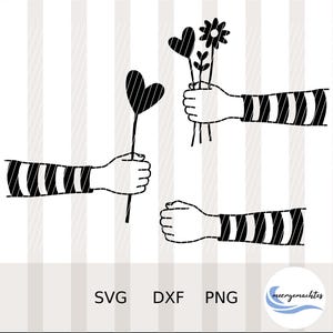 Könnte beinhalten: Eine schwarz-weiße grafische Illustration mit drei Armen in gestreiften Ärmeln. Eine Hand hält einen herzförmigen Stiel, eine andere einen Strauß aus einem Herz und einer Blume, und die dritte Hand ist leer. Der Text SVG, DXF, PNG ist unten zu sehen.