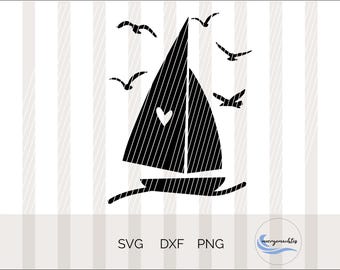 May include: A black and white sailboat illustration with a heart on the sail and several flying birds. The image has the words "SVG", "DXF", and "PNG" at the bottom.