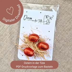 Può includere: Un sacchetto di plastica trasparente contenente tre uova di cioccolato avvolte in carta stagnola, immerse nella paglia, sopra una carta bianca. La carta presenta il testo "Ostern in der Tüte" e un'illustrazione di un coniglio.