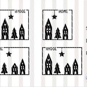 Może przedstawiać: Cztery czarno-białe ilustracje domów z drzewami i gwiazdą. Teksty "Home" i "Hygge" są zawarte w ilustracjach.