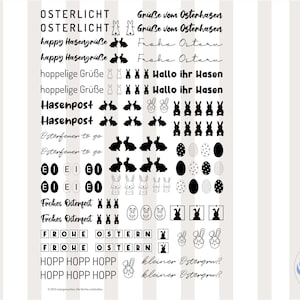 Könnte beinhalten: Schwarz-weißes druckbares Oster-Clipart mit Hasen, Eiern und Text in Deutsch und Englisch. Der Text beinhaltet "Osterlicht", "Hasenpost", "Frohes Osterfest", "Hoppelige Grüße", "Hallo ihr Hasen", "Osterfener to go", "Frohe Ostern", "kleiner Ostergruß" und "Grüße vom Osterhasen".