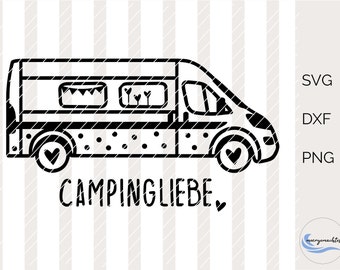 May include: Black and white line art illustration of a camper van with the text "CAMPINGLIEBE" underneath. The van has polka dots and hearts on the side.