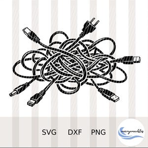 Può includere: Illustrazione in bianco e nero di un groviglio di cavi e spine per computer. L'immagine include vari tipi di connettori, suggerendo un tema digitale o tecnologico. Le parole "SVG", "DXF" e "PNG" sono in basso.