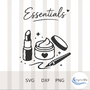 Könnte beinhalten: Eine schwarz-weiße Grafikillustration mit dem Wort Essentials, einem kleinen Herz, einem Lippenstift, einem Cremetiegel mit Herzsymbol und einem Make-up-Pinsel. Das Design enthält kleine Stern- und Punktakzente sowie SVG, DXF und PNG Text.
