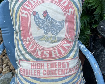 Hubbard’s Sunshine  Feed Sack Repurposed Pillow, Vintage, Grain Sack, Antique