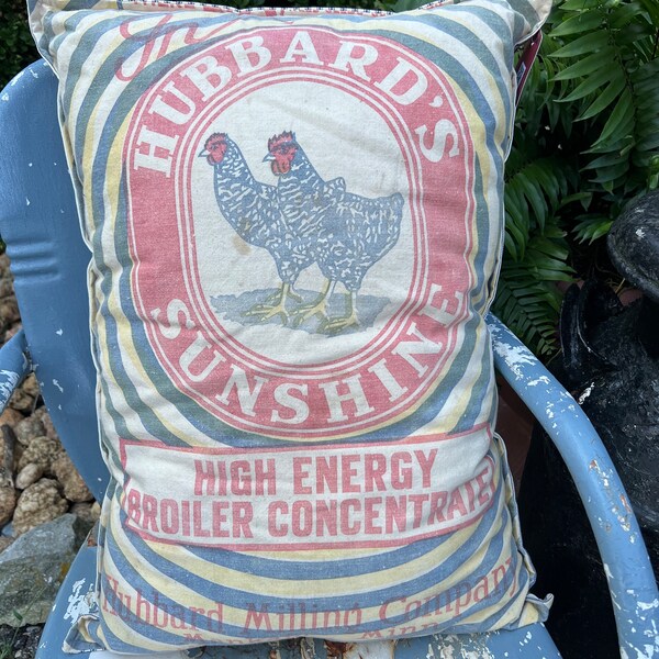 Hubbard’s Sunshine  Feed Sack Repurposed Pillow, Vintage, Grain Sack, Antique