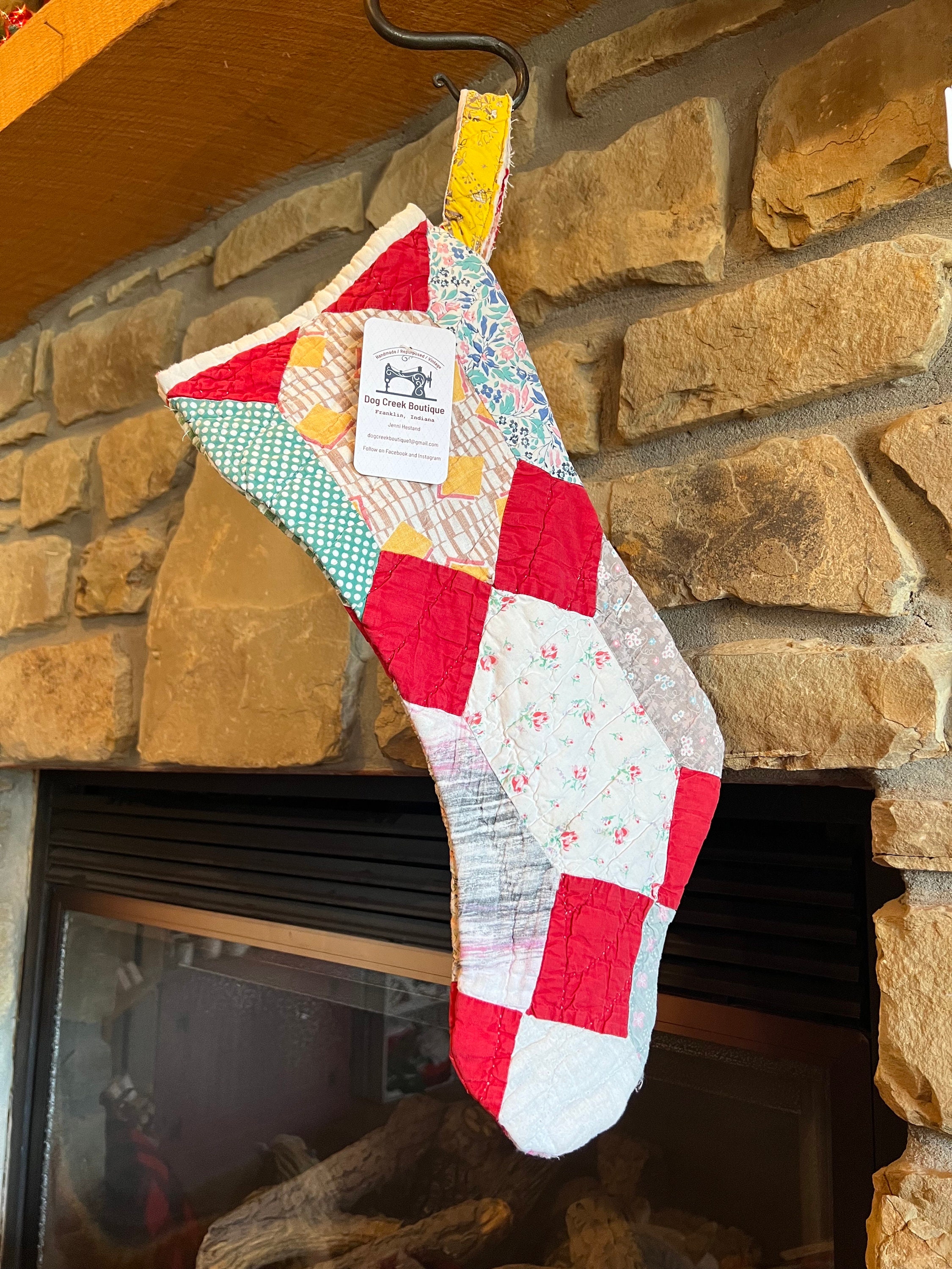 STOCKING Handmade From Vintage Quilt, Christmas Stocking, Antique Quilt, Farm Decor, Farmhouse