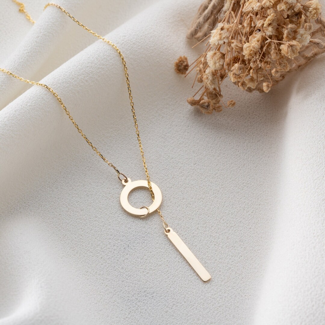 14k Gold Circle Lariat Necklace With Dropping Bar Lariat Etsy