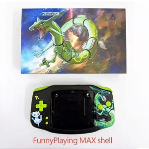 May include: Black and green handheld gaming console shell with a colourful illustration of a green dragon. The box above features the word "ADVANCE" and a matching dragon design. The text "FunnyPlaying MAX shell" is at the bottom.