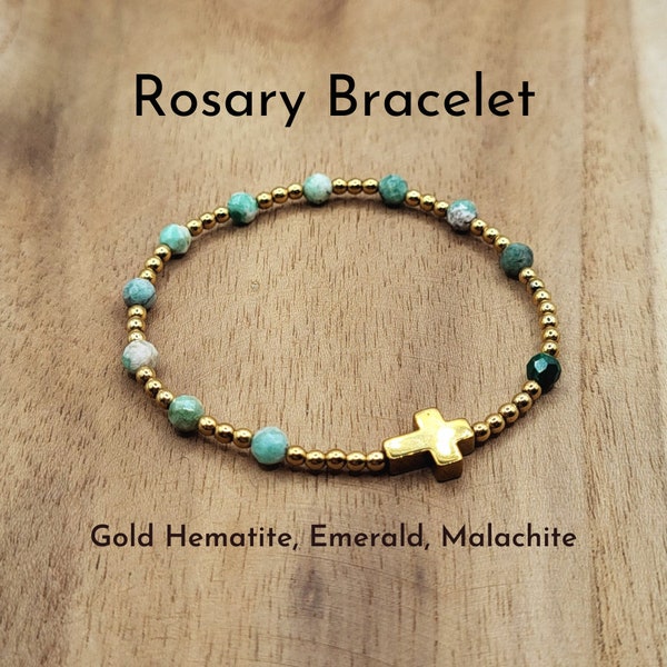 Rosary Bracelet - Gold Hematite, Emerald, Malachite. Elastic bracelet. Natural stones