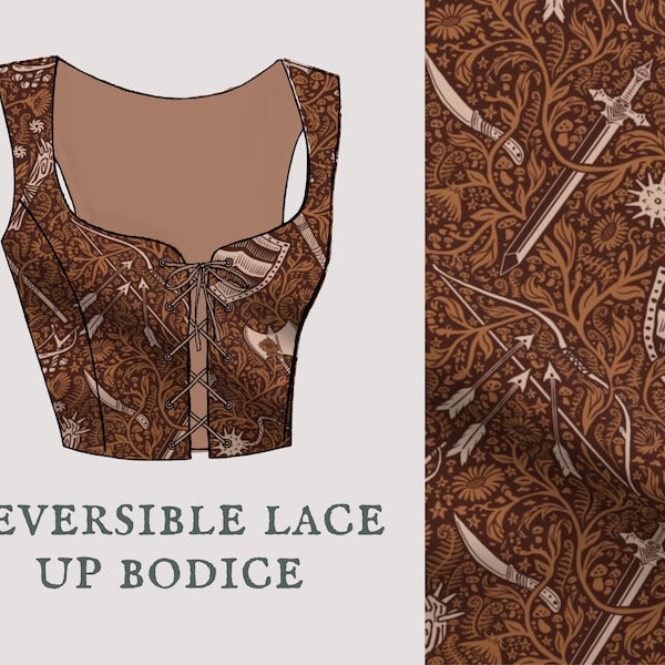 Weapon Tapestry | Reversible Lace Up Bodice | Medieval Tapestry Limited Collection | Made To Order Ren Faire Corset Bodice