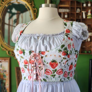 May include: A light blue bodice featuring a strawberry print with red berries and green leaves, worn over a matching light blue blouse with puffed sleeves. The bodice has a square neckline and a front lace-up closure with light pink ribbon.