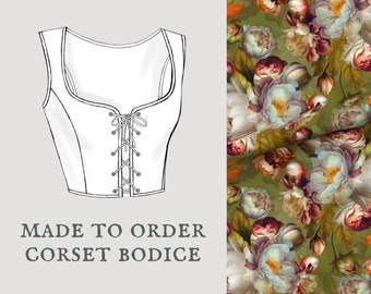 Baroque Bouquet in Sage | Cottagecore corset bodice | Peony floral spring lace up vest | Made To Order reversible academia corset bodice