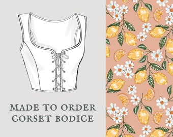 Lemon Daisy | Cottagecore corset bodice | Fruit pastel embroidery corset vest | Made To Order reversible academia corset bodice