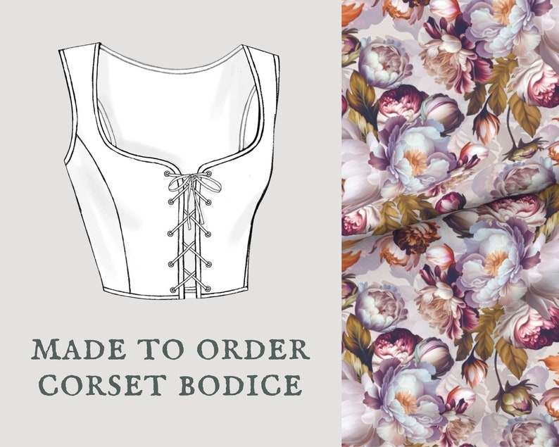 Baroque Bouquet in Lilac Cottagecore corset bodice Peony floral spring lace up vest Made To Order reversible academia corset bodice image 1