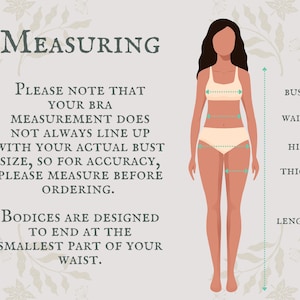 Op de afbeelding: Een maattabel met een gestileerde menselijke figuur en pijlen die buste, taille, heup, dij en lengte aangeven. De tekst luidt: MEASURING. PLEASE NOTE THAT YOUR BRA MEASUREMENT DOES NOT ALWAYS LINE UP WITH YOUR ACTUAL BUST SIZE.