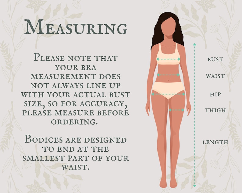 Op de afbeelding: Een maattabel met een gestileerde menselijke figuur en pijlen die buste, taille, heup, dij en lengte aangeven. De tekst luidt: MEASURING. PLEASE NOTE THAT YOUR BRA MEASUREMENT DOES NOT ALWAYS LINE UP WITH YOUR ACTUAL BUST SIZE.