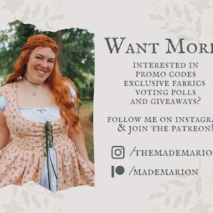 Op de afbeelding: Een perzikkleurig lijfje met een kleine bloemenprint, een vetersluiting aan de voorkant en een lichtblauw onderhemd. De tekst luidt: Want More? Interested in promo codes, exclusive fabrics, voting polls and giveaways? Follow me on Instagram & join the Patreon!