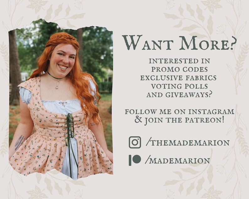 Op de afbeelding: Een perzikkleurig lijfje met een kleine bloemenprint, een vetersluiting aan de voorkant en een lichtblauw onderhemd. De tekst luidt: Want More? Interested in promo codes, exclusive fabrics, voting polls and giveaways? Follow me on Instagram & join the Patreon!