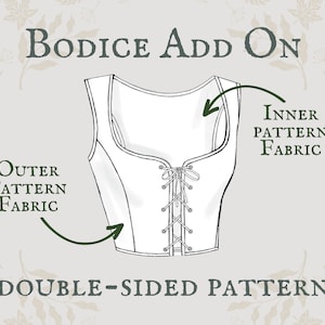May include: Line drawing of a bodice pattern with instructions for a double-sided pattern. The text reads "Bodice Add On", "Outer Pattern Fabric", "Inner Pattern Fabric", and "Double-Sided Pattern".