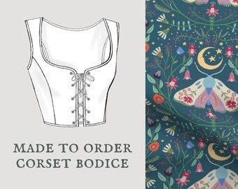 Folksy Moths | Cottagecore corset bodice | Celestial moon retro moth lace up vest | Made To Order reversible academia corset bodice