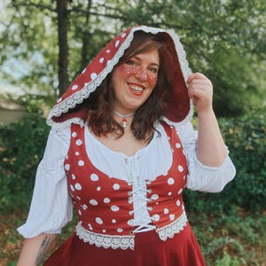 Mushroom Maiden | Hooded Corset Bodice | Cute fairy cottage mushroom corset vest with lace hood | Made To Order ren faire mushroom bodice
