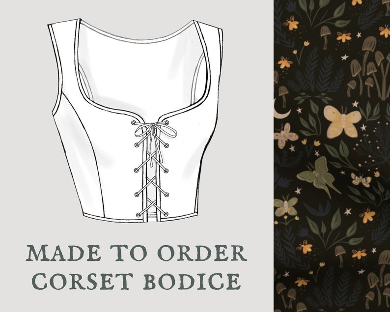 Bioluminescent Moonlight Cottagecore corset bodice Goblincore moth moon corset vest Made To Order reversible academia corset bodice image 1