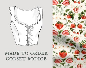 Strawberry Patch | Cottagecore corset bodice | Strawberry watercolor lace up vest | Made To Order reversible academia corset bodice