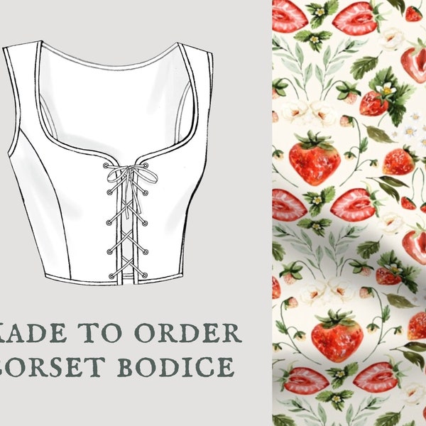 Patch fraise | Corsage corset Cottagecore | Débardeur à lacets aquarelle fraise | Corset réversible sur mesure pour universitaires