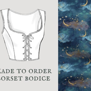 Starlight Cottagecore corset bodice Celestial moon stars lace up vest Made To Order reversible academia corset bodice image 1