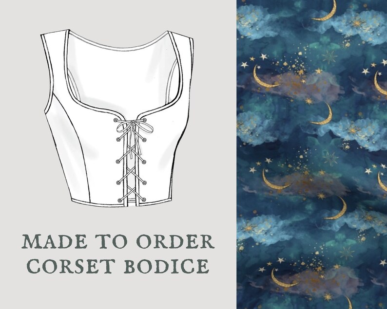 Starlight Cottagecore corset bodice Celestial moon stars lace up vest Made To Order reversible academia corset bodice image 1