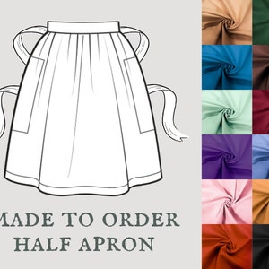 Cottagecore pocket apron, prairie tied waist apron, Made To Order cotton hobbit half apron with double pockets image 1
