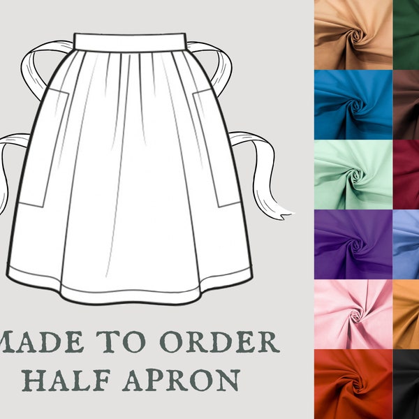 Cottagecore pocket apron, prairie tied waist apron, Made To Order cotton hobbit half apron with double pockets
