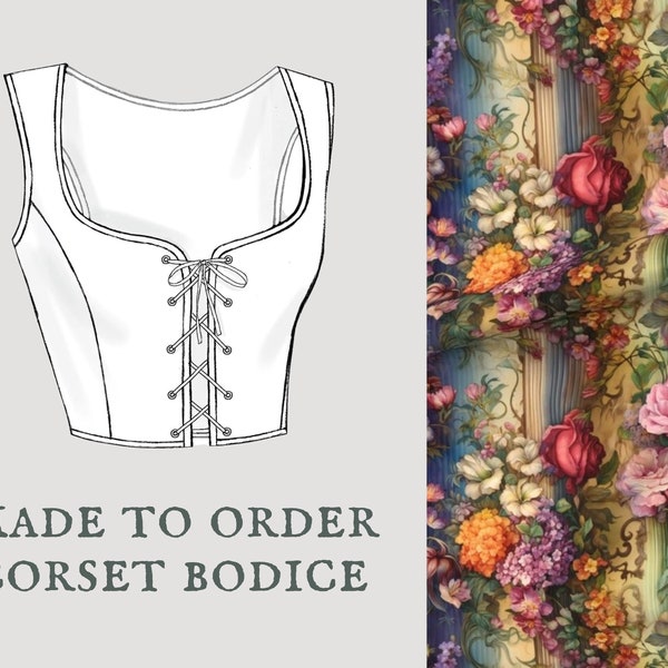 Temple of Flowers | Cottagecore corset bodice | Rococo watercolor flower corset vest | Made To Order reversible academia corset bodice