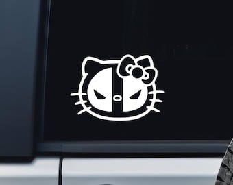 Hello Deadpool Kitty Parody Vinyl Decal – Funny Superhero Cat Sticker, Comic Book Mashup Gift, Laptop or Car Window Decal
