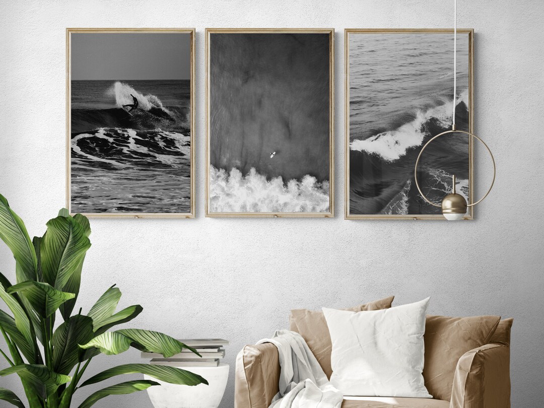 Black and White Beach Wall Art Surfing Wall Art Wave Wall Art Set of 3