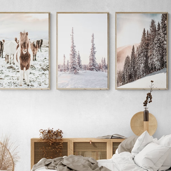 Winter Wall Art | Winter Wonderland | Snow Covered Trees Art | Snowy Trees Print | Iceland Horses Print | Farmhouse Wall Art | Nordic Decor