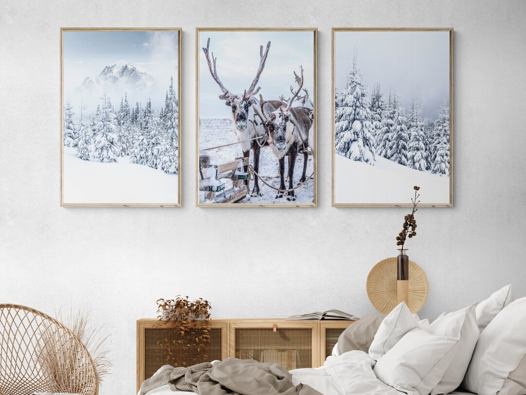 Reindeer Wall Art Snowy Trees Print Reindeer Print Winter Wall Art