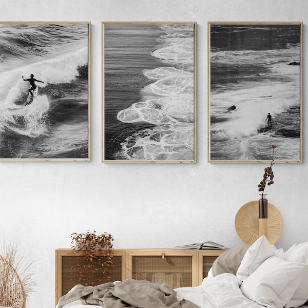 Art mural de plage | Surfing Wall Art | Wave Wall Art | Set de 3 | Surf Print Photographie de plage en noir et blanc | Affiches de plage | Art côtier